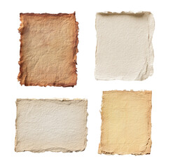 Four antique-style paper sheets, varying shades of tan and beige, with uneven edges