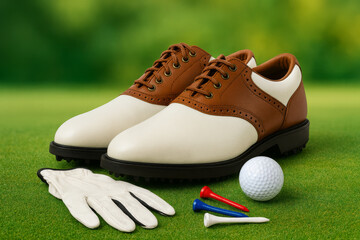                 AI-Generated image of a pair of classic brown and white leather golf shoes placed neatly on a lush green course surface.
