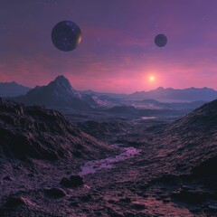 Distant planets rise over a rugged alien landscape at sunset creating a surreal and beautiful vista