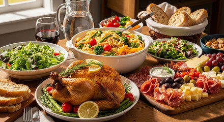 A bountiful holiday feast on a dining table.