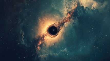 Dramatic cosmic scene featuring a black hole surrounded by swirling nebula clouds