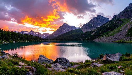 Fiery sunset reflected lake