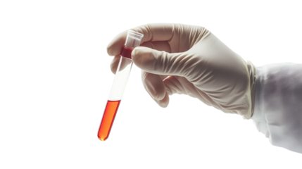 Gloved Hand Holding Test Tube with Red Liquid isolated on a Transparent or white Background
