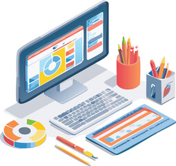 Obraz premium Isometric illustration of a computer workstation with various office supplies.