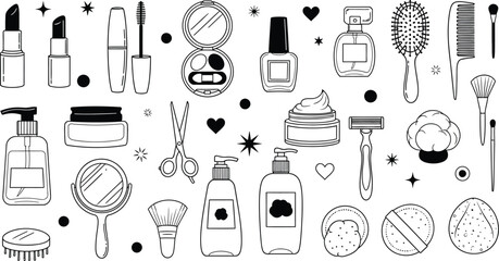Collection of outlined beauty and cosmetic products including makeup and skincare items on white