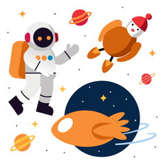 Astronaut and festive character explore space with planets and rockets