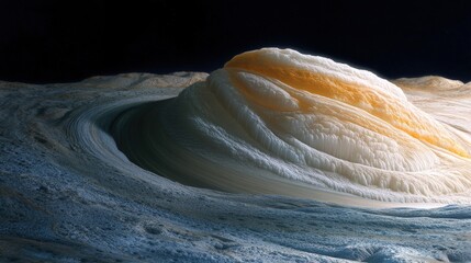 Abstract landscape with textured white and yellow formations under a dark sky creating a surreal and otherworldly scene
