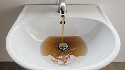 dirty brown water pouring into a sink | environmental issues, domestic, water management, sanitation, hygiene theme