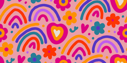 Fototapeta premium Vibrant retro pattern with colorful rainbows flowers and hearts on a pink background