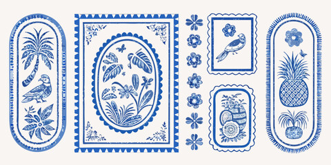 Collection of blue and white chinoiserie style illustrations featuring tropical flora and fauna