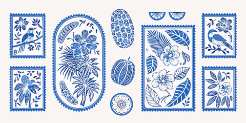 Collection of blue and white postage stamp style illustrations featuring tropical flowers birds and fruits