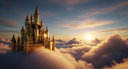 Fototapeta premium Golden castle peaks from clouds, sunset sky, fairytale, whimsical, majestic