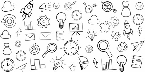 Collection of hand drawn business and startup icons with rockets lightbulbs and charts