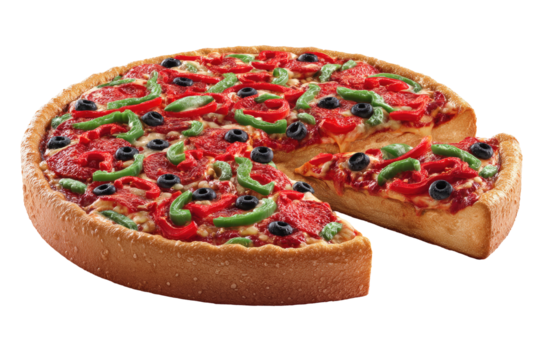 A large, round pizza with a deep dish crust, laden with various toppings, including sliced pepperoni, red bell peppers, green bell peppers, olives, and tomato. A slice has been removed from the pie