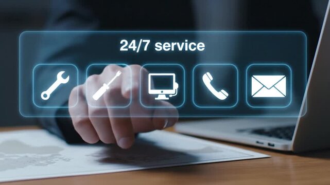 Man Interacts With 24/7 Service Icons On a Transparent Screen Near Laptop Computer