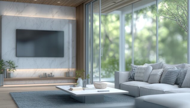 Modern living room with large windows and TV