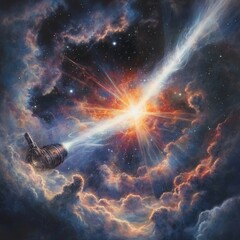 Spacecraft emitting a beam of light through a colorful nebula filled with stars and cosmic clouds in deep space exploration
