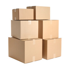 Pile of Cardboard Boxes Stacked Against Transparent Background with Varying Sizes and Neutral Tones