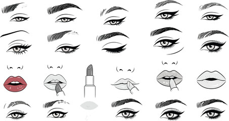 Illustration of various eye makeup styles and lip makeup application techniques on a grid layout