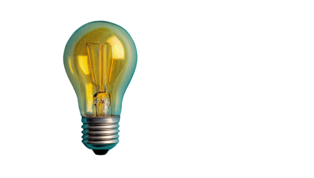 Glowing teal-tinted lightbulb, golden filament