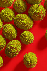 Close-up of spiky green fruits scattered on a vibrant red surface, showcasing their texture and color