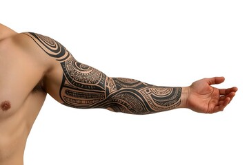 Muscular arm, tribal tattoo, studio shot, white background, body art