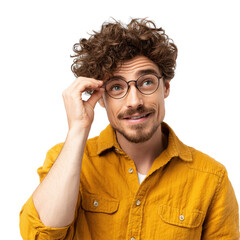 Thoughtful young man with glasses on transparent background