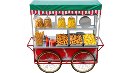 A colorful food cart filled with various snacks and condiments is ready to serve customers isolated on transparent background