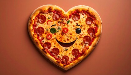 delicious heart shaped pizza with happy face