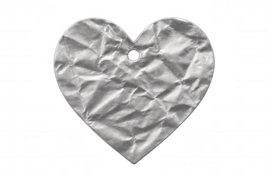 Crumpled silver heart shape label on transparent background, ideal for adding a touch of love to designs