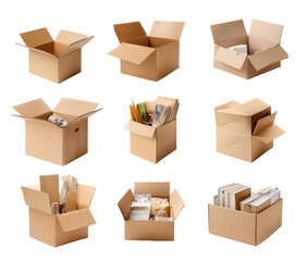Fototapeta premium Nine open cardboard boxes, various contents