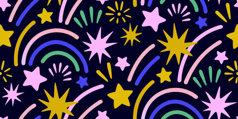 Whimsical hand drawn stars and shooting stars pattern on a dark blue background