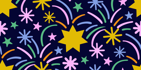 Vibrant abstract starbursts and fireworks pattern on a dark blue background