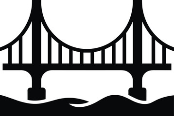 Silhouette vector of modern suspension bridge over river with water waves, ideal for cityscape, architecture, and travel-themed designs.