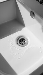 Water pooling in white sink with drain and soap residue  