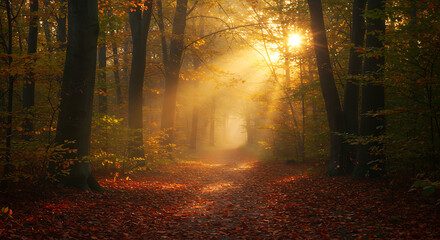 Sunlight filtering through autumn trees in a serene forest