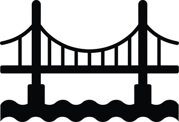 Silhouette vector of suspension bridge over water with modern architectural design, perfect for infrastructure, cityscape, and travel illustrations.