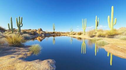 Serene desert oasis with saguaro cacti reflecting in calm water under a clear blue sky on a sunny day in arizona