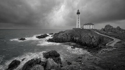 Coastal lighthouse under stormy sky