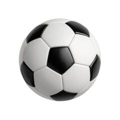 A soccer ball, white and black, sits centered.  Its panels are stitched, creating a spherical shape