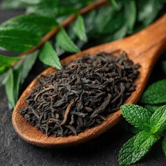 Dark tea leaves in a wooden spoon, surrounded by fresh mint