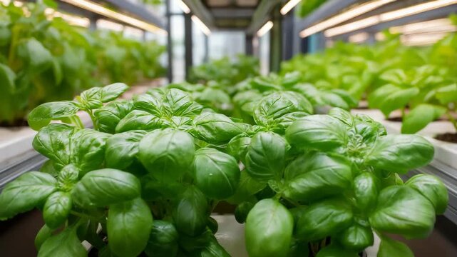 A row of plants with green leaves. The plants are in a greenhouse. Closeup basil plants in vertical aquaponics rack with fish swimming below, vertical aquaponics farm fresh vibrant green 
