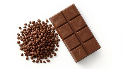A delicious bar of milk chocolate next to a pile of roasted coffee beans on a white background