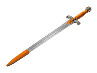 Orange-handled, silver-bladed sword.  Medieval-style, play toy