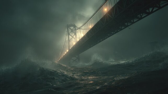 Stormy night suspension bridge