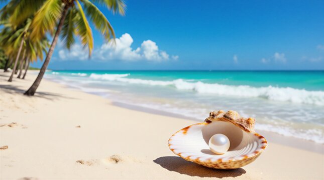 serene pearl on scallop shell amidst vibrant tropical beach | travel, vacation, beach, nature, summer theme