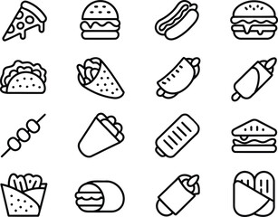 Delicious Assortment of Fast Food Icons Featuring Pizza, Burgers, Hot Dogs, Tacos, Skewers, and Wraps Conveying Variety and Culinary Delights