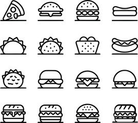 A Collection of Delicious Fast Food Icons Featuring Pizza Burgers Tacos and Hotdogs Representing a Variety of Culinary Treats and Junk Food