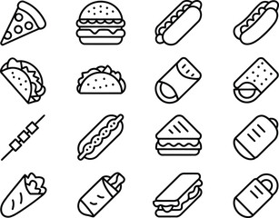 Diverse Selection of Fast Food Icons Displaying Common Menu Items and Representing a Variety of Cuisines and Popular Treats