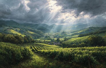 Dramatic Vineyard Landscape – Sun Rays Breaking Through Storm Clouds over Rolling Green Hills and Vineyards
